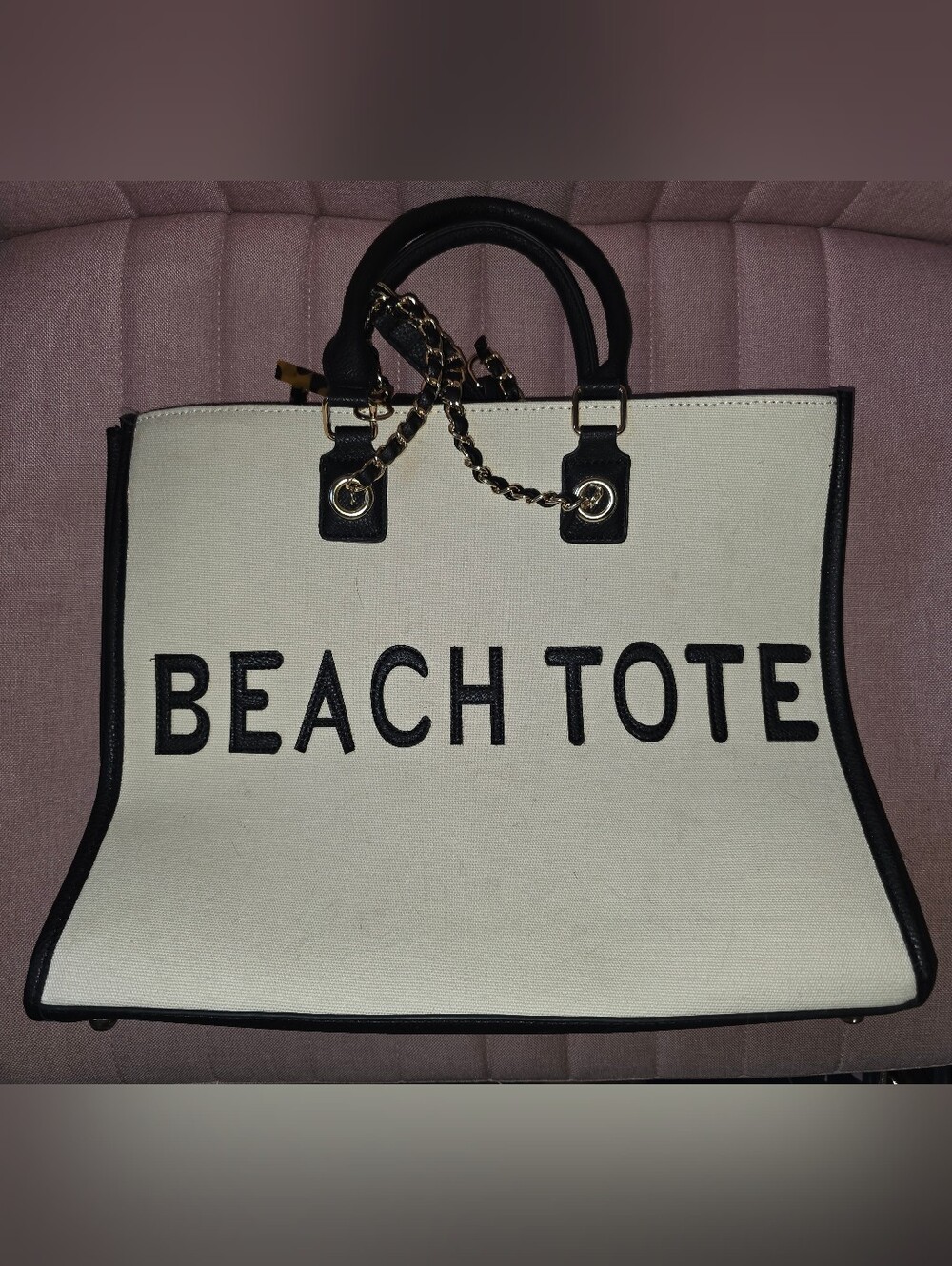 Beach Tote Canvas Handbag in Cream and Black